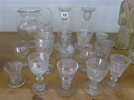 Quantity Georgian & later drinking glasses, engraved glass jug & pair glass candlesticks with spiral-twist columns